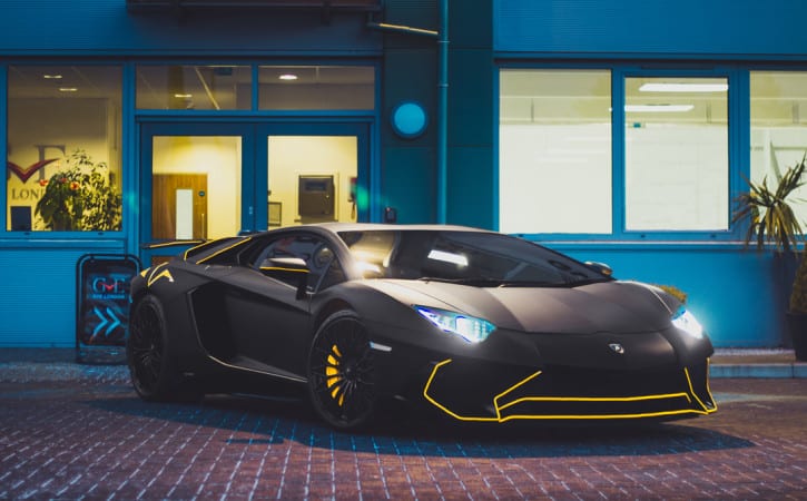 Lamborghini-Aventador-SV-Matte-Black-Wrap-with-Yellow-Pin-Stripes-Vinyl-Wrap-Cutsomise-GVE-London
